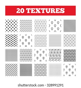 Seamless patterns. Endless textures. Map pointer icons. Home, food and user location symbols. Restaurant and cupcake signs. You are here. Geometric tiles, rhombus. Vector