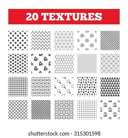 Seamless patterns. Endless textures. Medical icons. Atom, magnifier glass, checklist signs. Medical heart pills bottle symbol. Pharmacy medicine drugs. Geometric tiles, rhombus. Vector