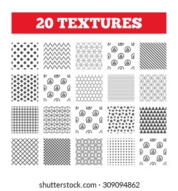 Seamless patterns. Endless textures. Money bag icons. Dollar, Euro, Pound and Yen speech bubbles symbols. USD, EUR, GBP and JPY currency signs. Geometric tiles, rhombus. Vector