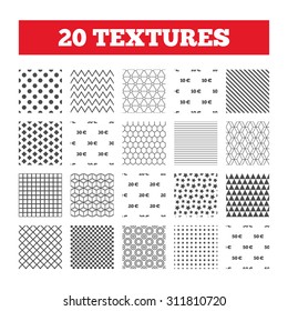 Seamless patterns. Endless textures. Money in Euro icons. 10, 20, 30 and 50 EUR symbols. Money signs Geometric tiles, rhombus. Vector