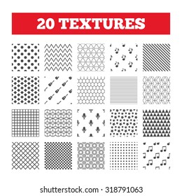 Seamless patterns. Endless textures. Music icons. Microphone karaoke symbol. Music notes and acoustic guitar signs. Geometric tiles, rhombus. Vector