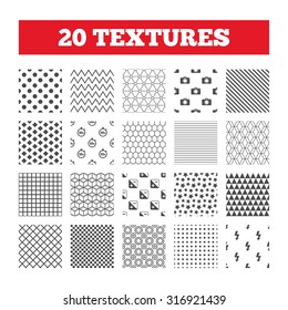 Seamless patterns. Endless textures. Photo camera icon. Flash light and exposure symbols. Stopwatch timer 10 seconds sign. Geometric tiles, rhombus. Vector