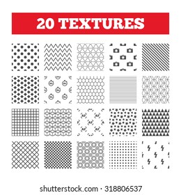 Seamless patterns. Endless textures. Photo camera icon. Flash light and autofocus AF symbols. Stopwatch timer 10 seconds sign. Geometric tiles, rhombus. Vector