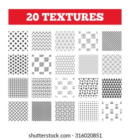 Seamless patterns. Endless textures. QR scan code in smartphone icon. Boarding pass flight sign. Identity ID card badge symbol. Geometric tiles, rhombus. Vector