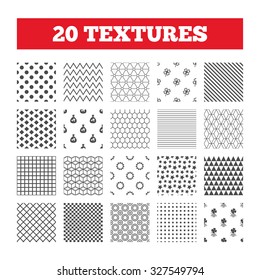 Seamless patterns. Endless textures. Saint Patrick day icons. Money bag with clover sign. Wreath of quatrefoil clovers. Symbol of good luck. Geometric tiles, rhombus. Vector