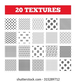 Seamless patterns. Endless textures. Sale speech bubble icon. Thank you symbol. New star circle sign. Big sale shopping bag. Geometric tiles, rhombus. Vector