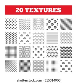 Seamless patterns. Endless textures. Sale speech bubble icons. Buy cart symbols. Black friday gift box signs. Big sale shopping bag. Geometric tiles, rhombus. Vector