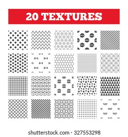 Seamless patterns. Endless textures. Sale speech bubble icons. Two equals one. Black friday sign. Big sale shopping bag symbol. Geometric tiles, rhombus. Vector