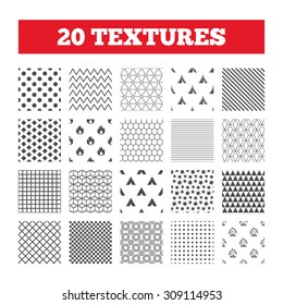 Seamless patterns. Endless textures. Tourist camping tent icons. Fire flame sign symbols. Geometric tiles, rhombus. Vector