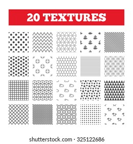 Seamless patterns. Endless textures. Travel icons. Sail boat with lifebuoy symbols. Cloud with sun weather sign. Palm tree. Geometric tiles, rhombus. Vector