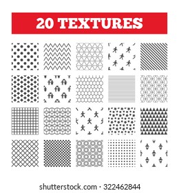 Seamless patterns. Endless textures. Women pregnancy icon. Human running symbol. Man love Woman or Lovers sign. Geometric tiles, rhombus. Vector