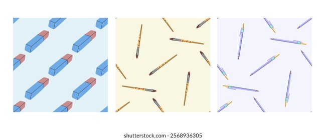 Seamless patterns with erasers, paint brushes, and pens in flat doodle style