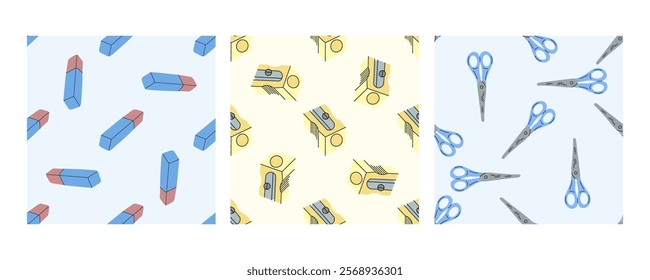 Seamless patterns with erasers, sharpeners, and scissors in flat doodle style