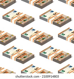 Seamless patterns. European banknotes are arranged symmetrically and staggered. 3D bundles of voluminous paper money in a bank tape, denomination of 50 euros on a white background