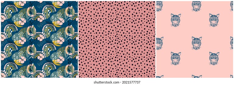 Seamless patterns with exotic plants, cactus, rainbow, tiger and modern textures. Cute collection of vector illustrations. Jungle and abstract prints for textiles, wrapping paper, fabric, wallpaper.