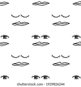 Seamless patterns. Eyes and lips abstraction isolated on white background. Vector illustration.