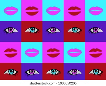 Seamless patterns of eyes,lips in psychedelic style.Digital freehand abstract background vector.Works for prints, social media post, poster, home decor, cover, wallpaper, flyer, textile fabric print