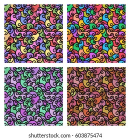 Seamless patterns with fabric texture. Spiral lines set colorful background