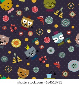 seamless patterns with face cats, flowers, circle