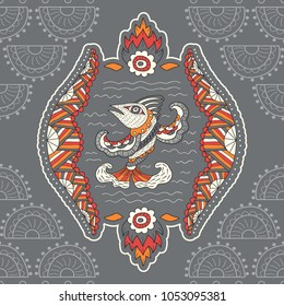 Seamless patterns with a fantasy fish and folk elements. Vector.