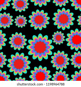 Seamless patterns with fantasy flower in psychedelic vivid colors on black background. High contrasting ornament,