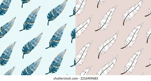 Seamless patterns with feathers. Blue and black-white feathers.
