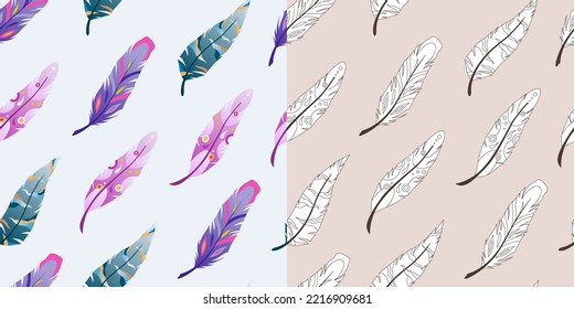 Seamless patterns with feathers. Colorful and black-white feathers.
