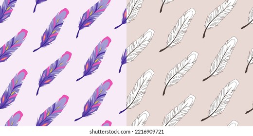 Patrones sin foco con plumas. Plumas moradas y blancas-negras.
