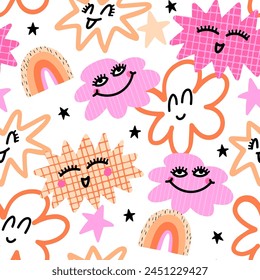 Seamless patterns featuring cheerful clouds and rainbow. Cute print on white background.  Creative texture for fabric, wrapping, textile, wallpaper, apparel. Vector illustration for little kids girl