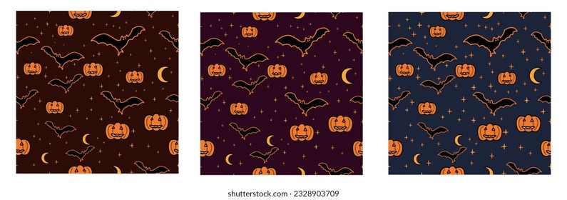Seamless patterns with festive Halloween pumpkins, bats, moon, stars. Jack orange lantern drawn with carved faces. Seamless pattern for scrapbooks, wrapping paper, fabric. Vector illustrated doodle.