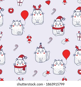 Seamless patterns. Festive white cats with a balloon, a hat with antlers, a Santa hat with a Christmas decoration - a star, a bell and caramel. Vector illustration on a gray background