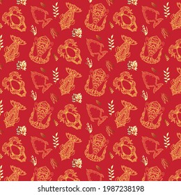 
Seamless patterns with fish and seaweed on the red background