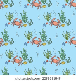 Seamless patterns with fishes, various seaweed and crabs. Vector illustration for textile print, background, wallpaper, decorative paper and other design.
