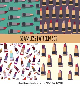 Seamless patterns with flat lipsticks set. Vector illustration. Useful for design templates invitations, banner, cards  - Shutterstock ID 354691028