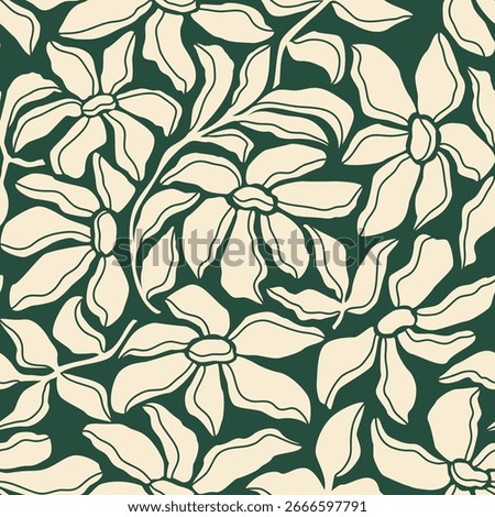 Seamless patterns floral design. Abstract hand drawn big light flowers and leaves on dark green background. Collage contemporary print. Fashionable template for fabric, textile, clothes, paper