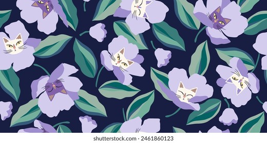 Seamless patterns with floral and kittens for fabric, textiles, wall art, poster, cover, banner, interior decor, Cat heads with flowers backgrounds.