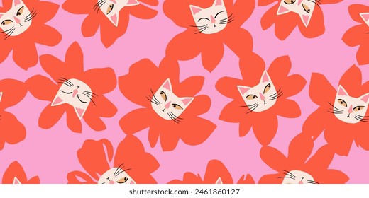 Patrones sin costuras con flores y gatitos para tela, textiles, arte de la pared, póster, cubierta, Anuncio, decoración interior, cabezas de gato con fondos florales.