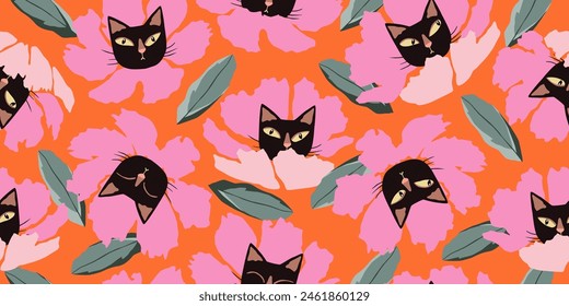 Seamless patterns with floral and kittens for fabric, textiles, wall art, poster, cover, banner, interior decor, Cat heads with flowers backgrounds.