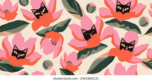 Seamless patterns with floral and kittens for fabric, textiles, wall art, poster, cover, banner, interior decor, Cat heads with flowers backgrounds.