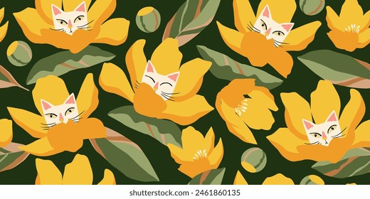 Seamless patterns with floral and kittens for fabric, textiles, wall art, poster, cover, banner, interior decor, Cat heads with flowers backgrounds.