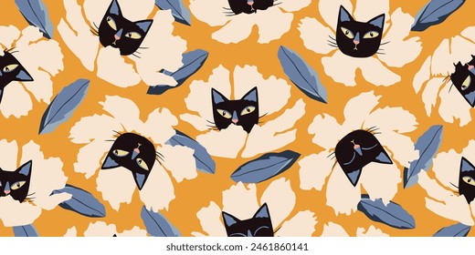 Seamless patterns with floral and kittens for fabric, textiles, wall art, poster, cover, banner, interior decor, Cat heads with flowers backgrounds.