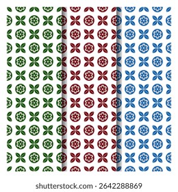 Seamless patterns with floral and leaf designs in green, red, and blue. Can be used for background, wallpaper, and other decorative applications.