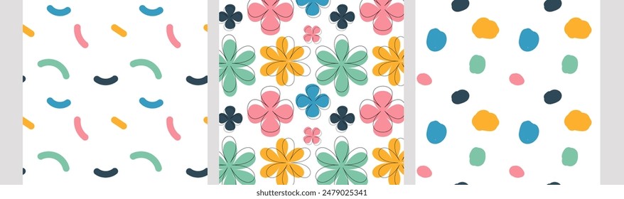seamless patterns with floral, shapes for fabric, textiles, clothing, wrapping paper, cover, banner, interior decor. vector abstract backgrounds.  childrens cute background