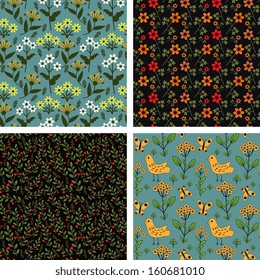 Seamless patterns with flowers and birds