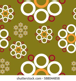 seamless patterns flowers made of circles, white with orange centre, on a grassy background