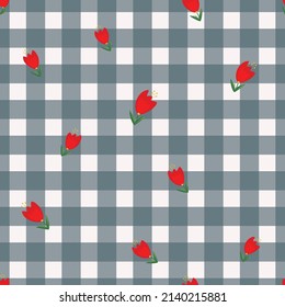 Patrones sin inconvenientes. Flores sobre un fondo a cuadros. Diseño colorido para textiles, papel pintado, estampado, telas, embalaje. Gráficos vectoriales.