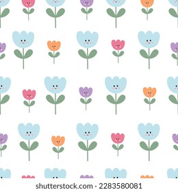 Seamless patterns flowers on white background. Hand drawn design in cartoon style. Used for textiles, fashion prints, wallpapers, vector illustrations