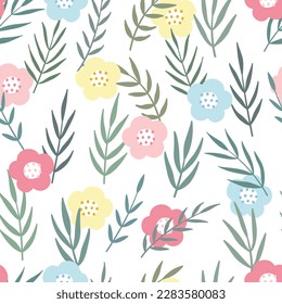 Seamless patterns flowers on white background. Hand drawn design in cartoon style. Used for textiles, fashion prints, wallpapers, vector illustrations
