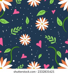 Patrones sin foco de flores, plantas, amor y productos botánicos sobre fondo azul oscuro. Adecuado para la moda, la tela, el papel pintado y todas las impresiones. ilustración vectorial