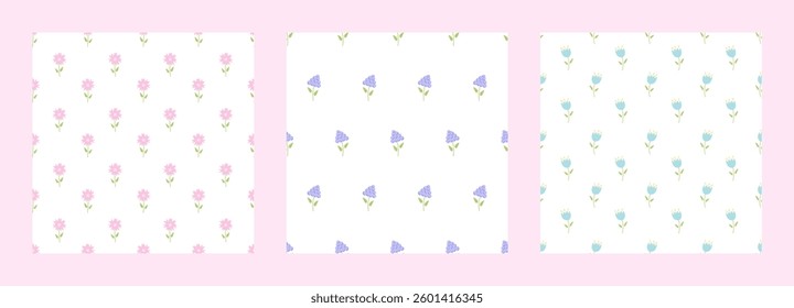 Seamless patterns flowers set. Cute floral prints in liberty style. Good for prints, textiles, wallpaper, stationery, surfaces, baby showers, covers. Pretty botanical design collection: small flowers